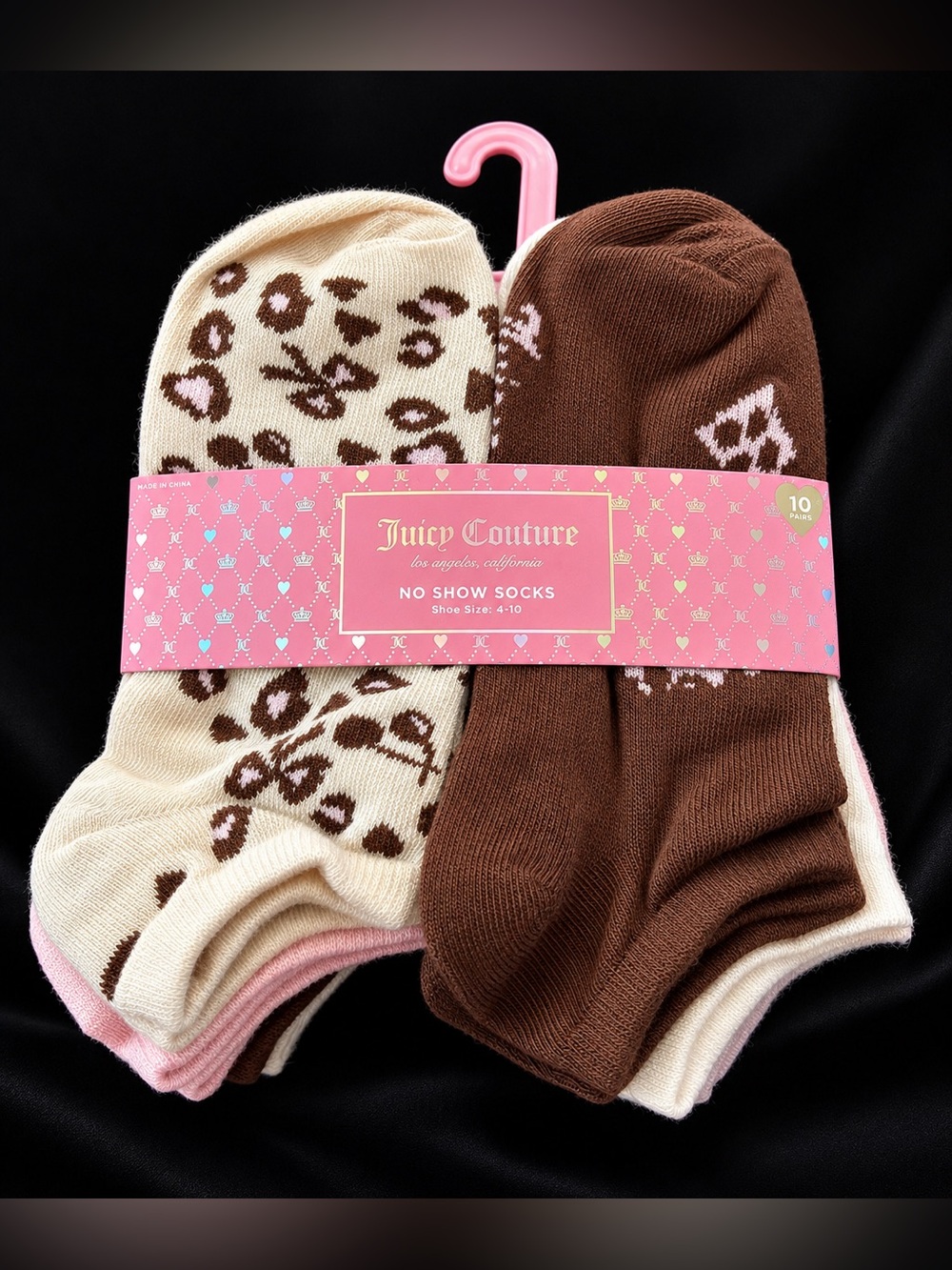 Juicy Couture No-Show Socks - Brown, Pink, White & Cream Leopard Print 10 Pack